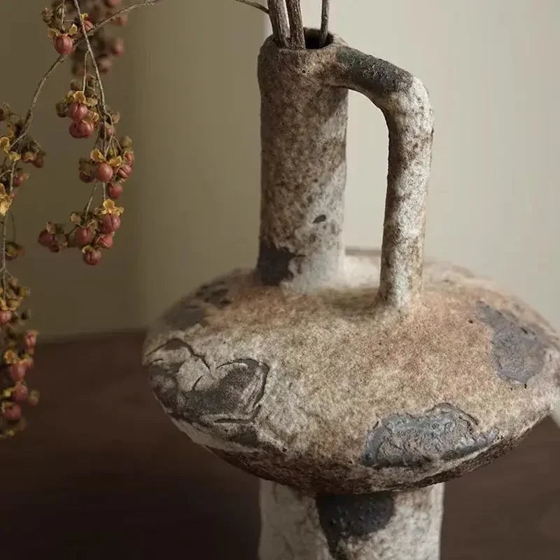 Ceramic Vase Coarse Ceramic Vase Flower Arrangement Retro Handmade Wabi Sabi Style Dry Flowers Zen Flower Arrangement - Confia