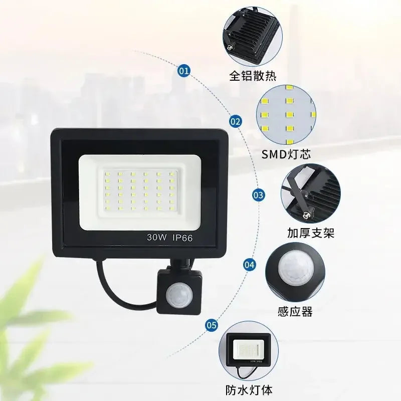 LED Floodlights 100W 50W 30W 20W 10W PIR Motion Sensor IP66 Waterproof LED 220V Hanging Exterior Outdoor Wall Lamp Spotlight - Confia