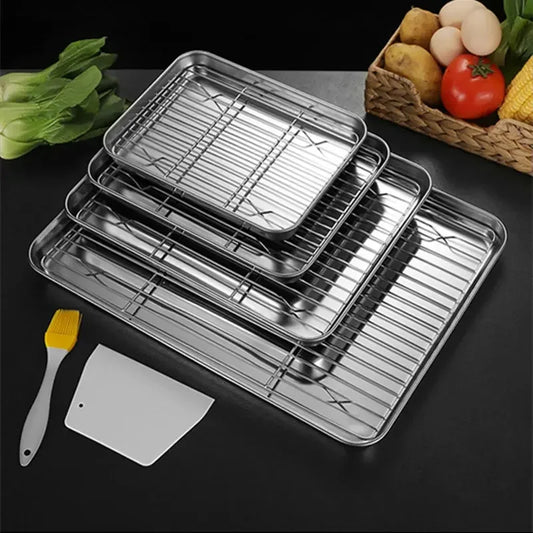 BBQ Bakeware for Baking Cooking Sheet & Rack Set, Stainless Steel Cookies Sheet Large Oven Pan Tray Cooling Grid Rack for Bread Meats, Non Stick Rectangular Deep Dish Oven - Confia