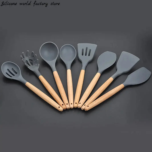 Silicone world Cooking Kitchenware Tool Silicone Utensils With Wooden Multifunction Handle Non-Stick Spatula Spoon Brush - Confia