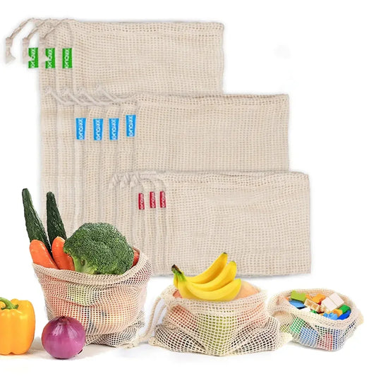 Reusable Cotton Mesh Produce Bags for Vegetable Fruit Food Kitchen Washable Grid Storage Bag Eco String bag Kitchen Organizer Confia