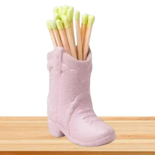 Cowboy Boot Ceramic Match Holder with Built-in Striker - Rustic Western Home Decor - Vintage Farmhouse Aesthetic-Kitchen, Bathroom, Fireplace & Candle Lighting - Unique Gift for Western Lovers (Pink) - Confia - reusablefoodstoragebags confia