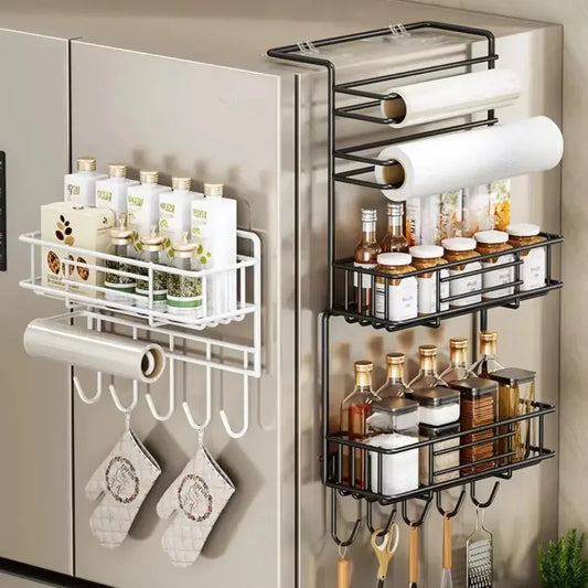 Magnetic Fridge Spice Rack, Space Saving Organizer Black Shelf on Refrigerator, Kitchen Paper Towel Holder, Foldable Design - Confia - reusablefoodstoragebags confia