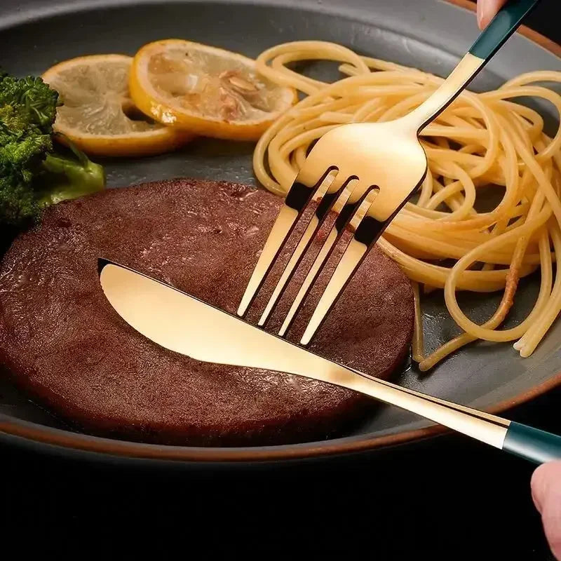 4Pcs Golden Cutlery Set Stainless Steel Knife Fork Spoon Tableware Flatware Set Festival Kitchen Dinnerware Gift - Confia