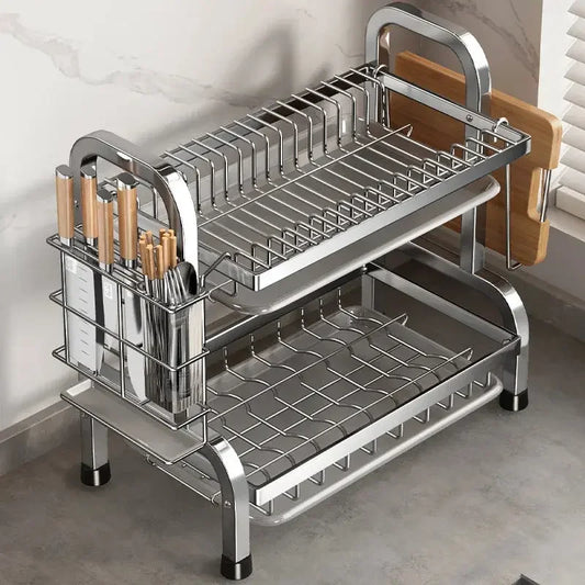 2 Tier Black Large Stainless Steel Dish Drainers Drying Rack for Kitchen Counter with Drainboard - Confia - reusablefoodstoragebags confia