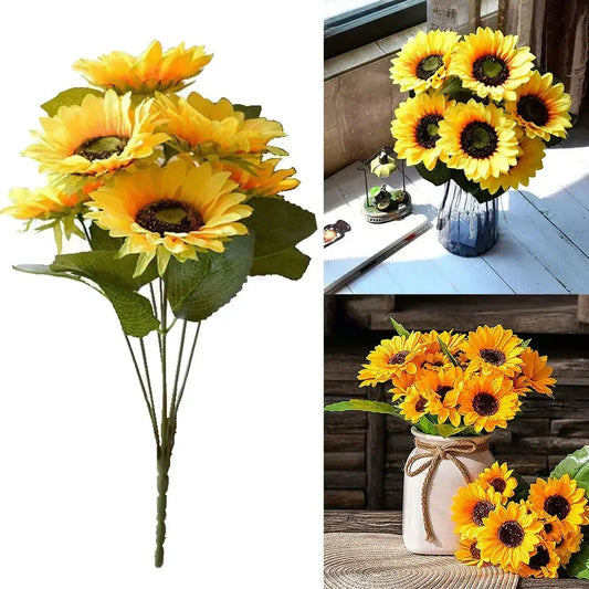 1 Bunch 7 Heads Artificial Sunflowers 29cm Shrubs Fake Flower Bouquet For Garden Bookstore Wedding Cafe Store Party Decor - Confia