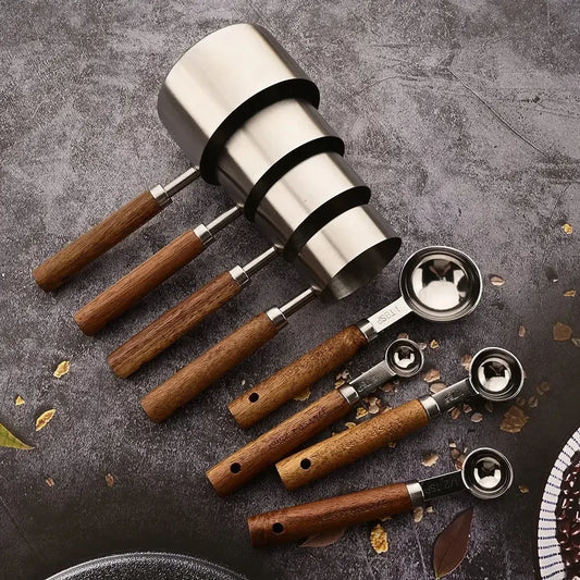 1/4/8pcs Stainless Steel Measuring Spoons With Scale Wooden Handle Household Kitchen Dining Bar Baking Tools Measuring Cups - Confia