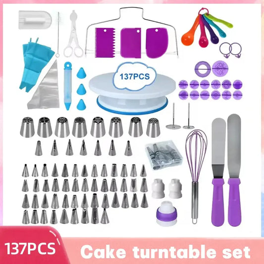 137PCS Cake Decorating Tools Kit Pastry Turntable Kit Piping Nozzle Piping Bag Set Rotating Stand Baking Tools Accessories Bak - Confia