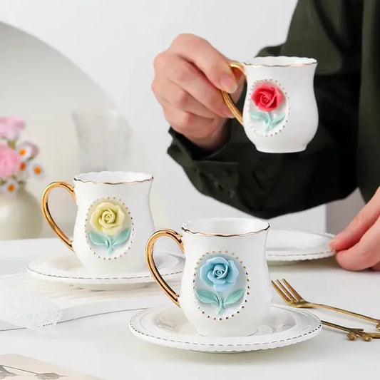 Ceramic rose cup, coffee cup plate set, handmade ceramic flower cup Gift for Women - Confia