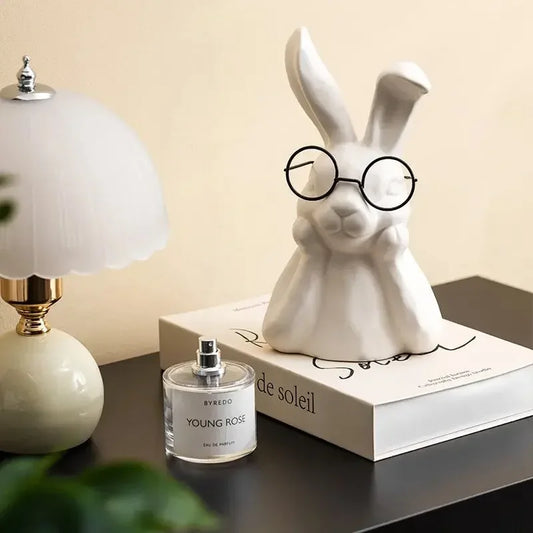 Ceramic Rabbit Sculpture Set with Glasses - Minimalist Animal Decor for Desk, Bookshelf, Porch - Modern Figurines for Home Decor - Confia