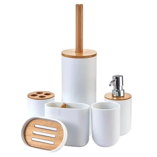 Bathroom Wash Accessories Bamboo Wood Set Ribbed Design with Bamboo Accents, Includes Soap Dispenser, Toothbrush Holder, Tumbler & Soap Dish (White) - Confia - reusablefoodstoragebags confia