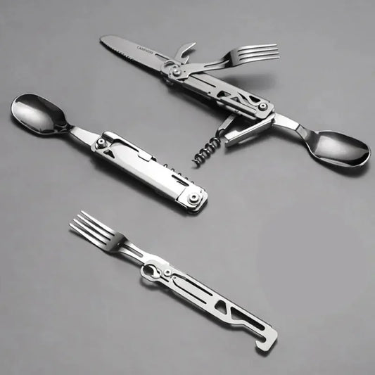 Outdoor Tableware Multi-function Portable Folding Spoon, Fork, Knife, Cork Opener and Bottle Can Opener for Travel Foldable Cutlery Camping Equipment - Confia