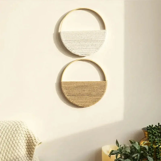2Pcs Hand Woven Bohemian Wall Hanging Circular Wooden Cotton Rope Wall Decor Art Chic Bedroom Living Room Ideal Tapestries - Confia