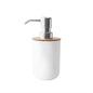 Bathroom Wash Accessories Bamboo Wood Set Ribbed Design with Bamboo Accents, Includes Soap Dispenser, Toothbrush Holder, Tumbler & Soap Dish (White) - Confia - reusablefoodstoragebags confia
