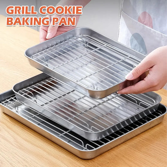 Stainless Steel Baking Pan Tray With Wire Rack Cake Baking BBQ Pan Tray Plate Oven Brownie Rack Cooking Roasting Grilling Tool - Confia