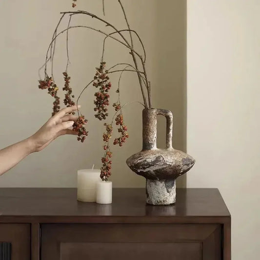 Ceramic Vase Coarse Ceramic Vase Flower Arrangement Retro Handmade Wabi Sabi Style Dry Flowers Zen Flower Arrangement - Confia