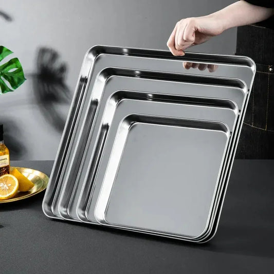 304 Flat Bottom Stainless Steel Square Tray Baking Pan Multifunctional Dessert Straight Edge Baking Tray Kitchen Storage Tools - Confia