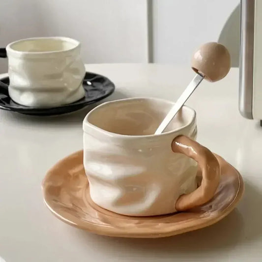 230ml Ceramics Coffee Cups and Saucers Creative Pleated Design Ceramics Mug Afternoon Tea Cup Breakfast Milk Couple Water Cup - Confia