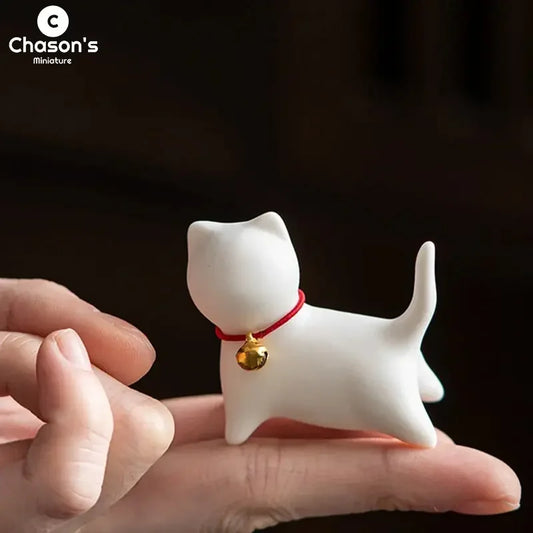 Ceramics Abstract Kawaii Cute Cat Kitten with Bell Tea Table Pet Desk Ornaments Animal Miniature Figurines Sculpture Home Decor - Confia