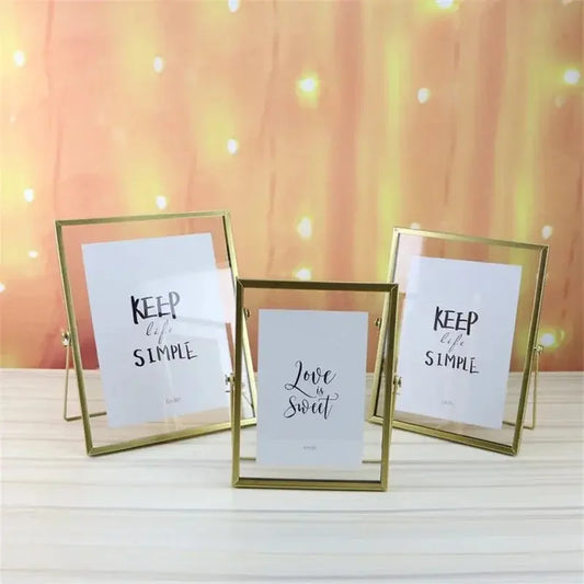 Decorative Glass Photo Frame with Gold Metal Stand, Table Brass double Glass Photo Frame for Dried, pressed Flowers, Poster, Photos, Floating Frame for Gifting 5x7 inches Tabletop, decorative - Confia