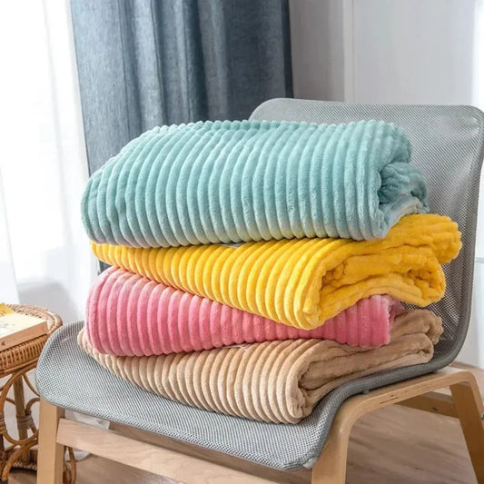 Striped Flannel Blankets For Beds Solid Pink Blue Color Soft Warm Mink Throw Sofa Cover Bedspread Beach Airplane Travel Blankets - Confia - reusablefoodstoragebags confia