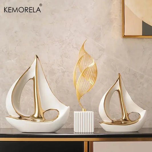 Ceramics Luxury Sailboat Sculpture Post-modern Living Room Ornaments Office Desk Accessories Decorative Boat Figurines Craft - Confia