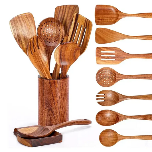 9 PCS Wooden Spoons for Cooking, Wooden Utensils for Cooking with Utensils Holder, Teak Wooden Kitchen Utensils Set - Confia