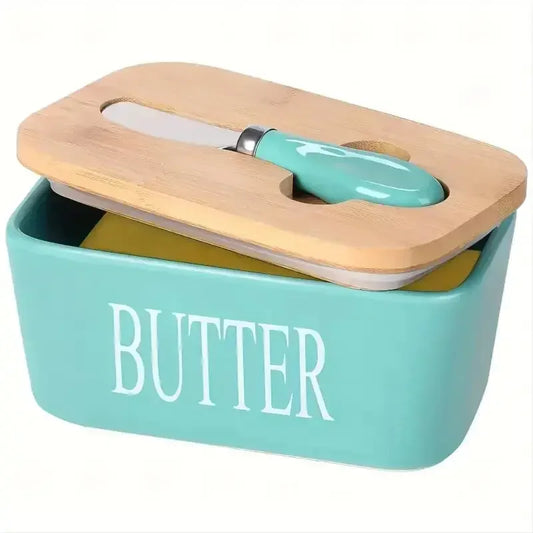Ceramic Butter Boxes Dishes Wooden Large Butter Box Container Keeper Storage with Stainless Steel Butter Knife Spreader, Multi - Confia