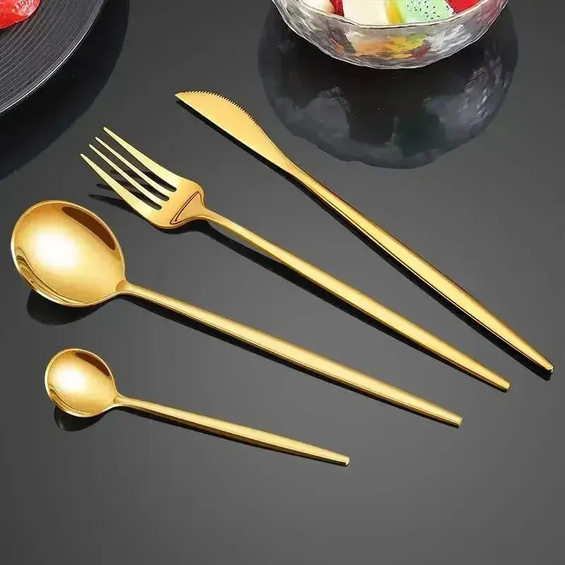 4Pcs Golden Cutlery Set Stainless Steel Knife Fork Spoon Tableware Flatware Set Festival Kitchen Dinnerware Gift - Confia