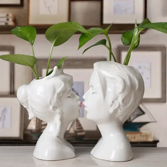 Ceramic Head Face Vase Small Lovers Kiss Statue Flower Pot White Black Modern Planter for Home Table Decoration Floral Art Gifts - Confia