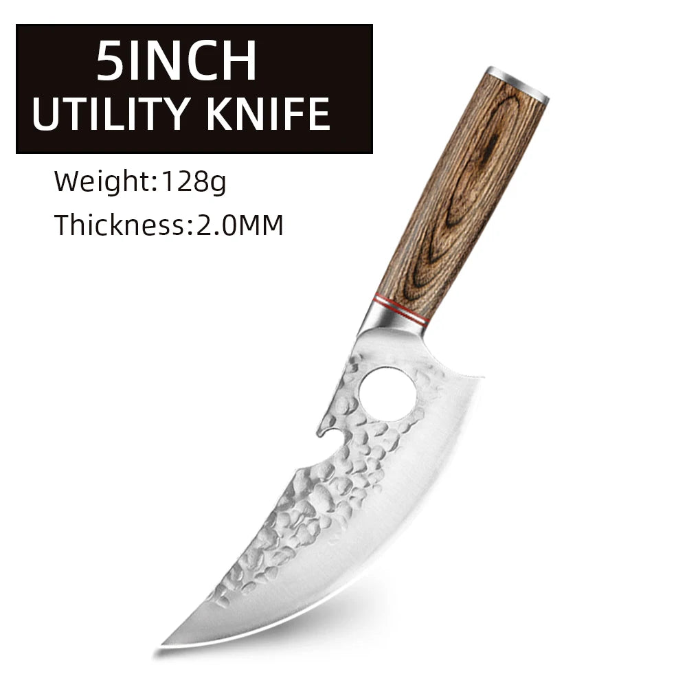 Kitchen Chef Knives Hand Forged Hammer Fruit Vegetable Meat Butcher Cleaver Professional Sharp Slicing Boning Knife with Holder