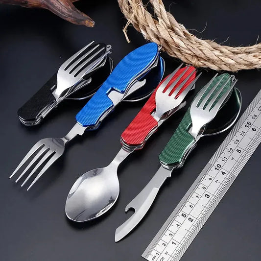Stainless Steel cutlery 4 In 1 Outdoor Picnic Tableware Foldable Knife Fork Spoon Bottle Opener Folding Pocket Cutlery Set - Confia