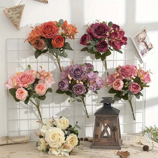 Artificial Flowers with Hydrangea Silk Fake Flowers 1 Bouquets for Home Wedding Decoration Table Centerpiece, Faux Peonies Flow - Confia