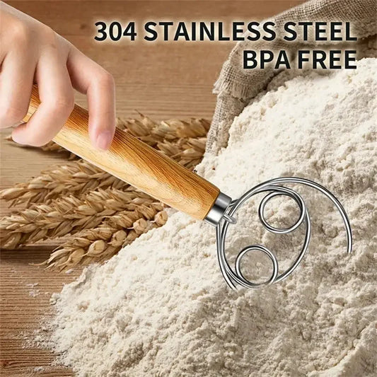 Danish Dough Whisk Stainless Steel Dutch Style Bread Dough Hand Mixer Blender Wooden Handle Kitchen Baking Tools Artesian Blender - Confia - reusablefoodstoragebags confia