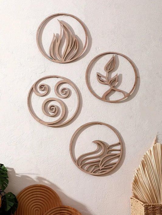 Natural Wooden Wall Hanging Wall Art Decor - Elements Design (Fire, Water, Earth, Air) Wood Hanging Wall Decor Boho Wall Accent - Confia