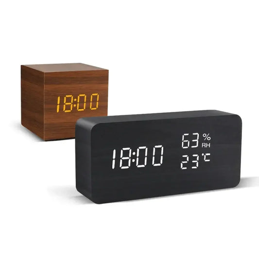 Alarm Clock LED Wooden Watch Table Voice Control Digital Wood Despertador USB/AAA Powered Electronic Desktop Clocks - Confia